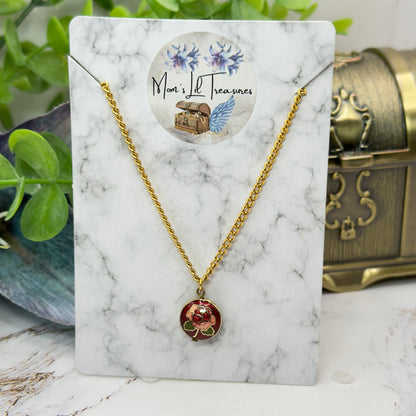 Burgundy Rose Design Round Cloisonné Pendant Doll Necklace • 18 Inch Fashion Doll Jewelry