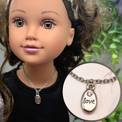 Oval Silver Pendant Etched Love Pink Rhinestone Accent Doll Necklace • 18 Inch Fashion Doll Jewelry