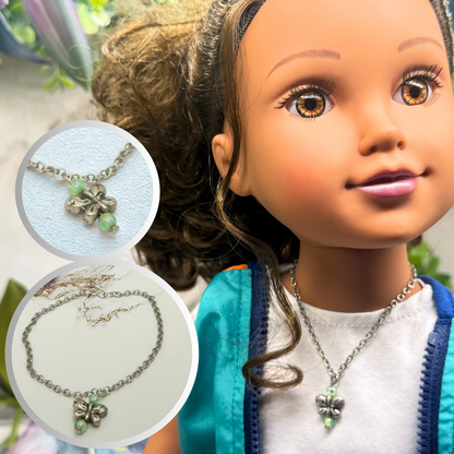 Butterfly Charm Green Bead Accents Silver Chain Doll Necklace • 18 Inch Fashion Doll Jewelry