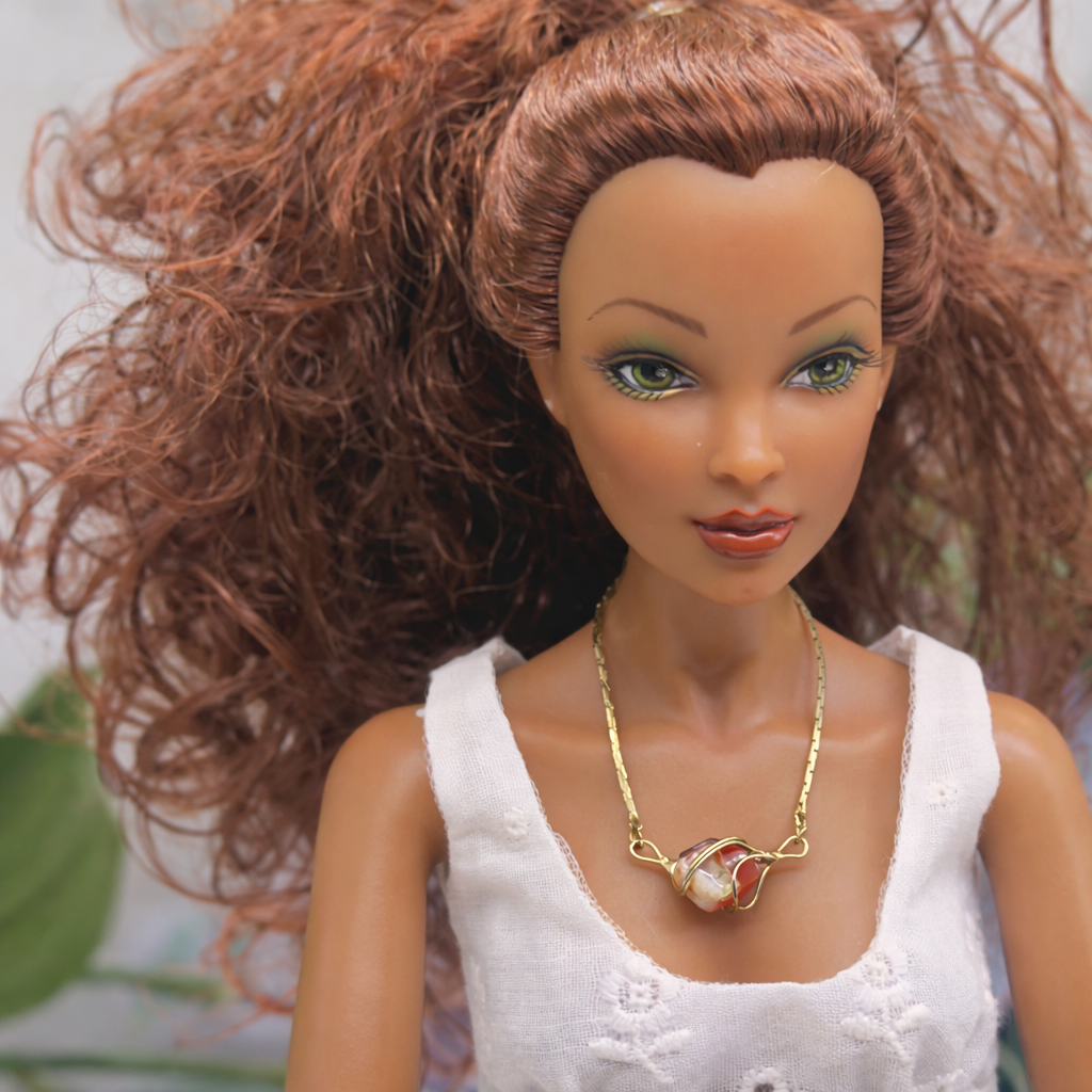Wire Wrapped Orange White Stone Charm Gold Chain Doll Necklace • 16 Inch Fashion Doll Jewelry