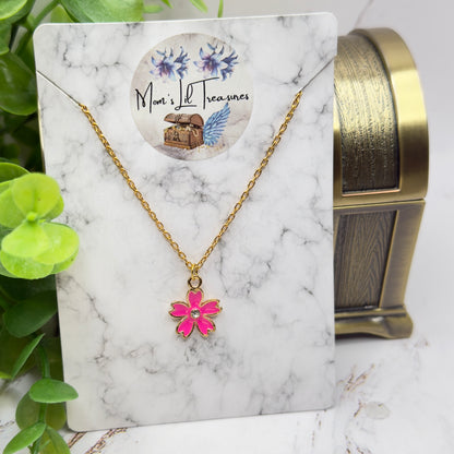 Pink Flower Charm Rhinestone Center Gold Doll Necklace • 18 Inch Fashion Doll Jewelry