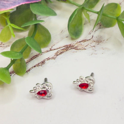 Red Rhinestone Silver Filigree Heart Post Doll Earrings • 2mm and Post for 18 Inch Fashion Doll
