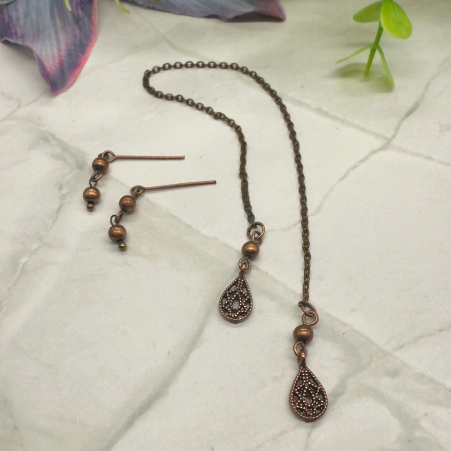 Copper Color Teardrop Dangle Wrap Doll Necklace Earring Set • 16” Doll Jewelry