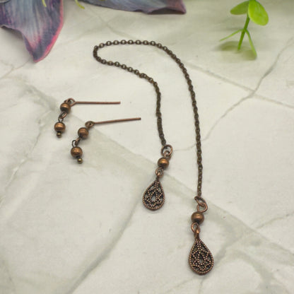 Copper Color Teardrop Dangle Wrap Doll Necklace Earring Set • 16” Doll Jewelry