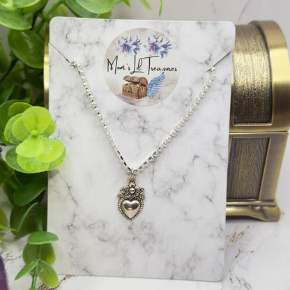 Silver Sacred Heart Charm Pearl Cup Link Chain Doll Necklace • 18 Inch Fashion Doll Jewelry