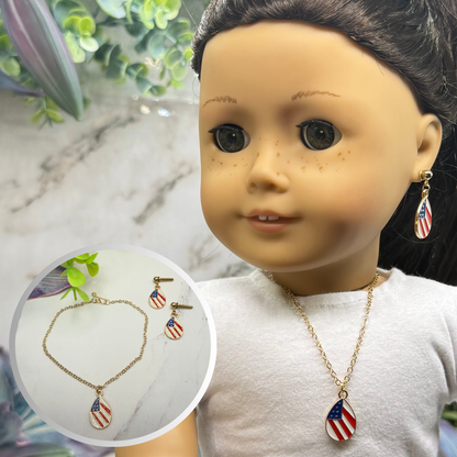 Red White Blue Patriotic Flag Design Teardrop Charm Doll Necklace & 2mm Post Earrings for 18 Inch Fashion Doll