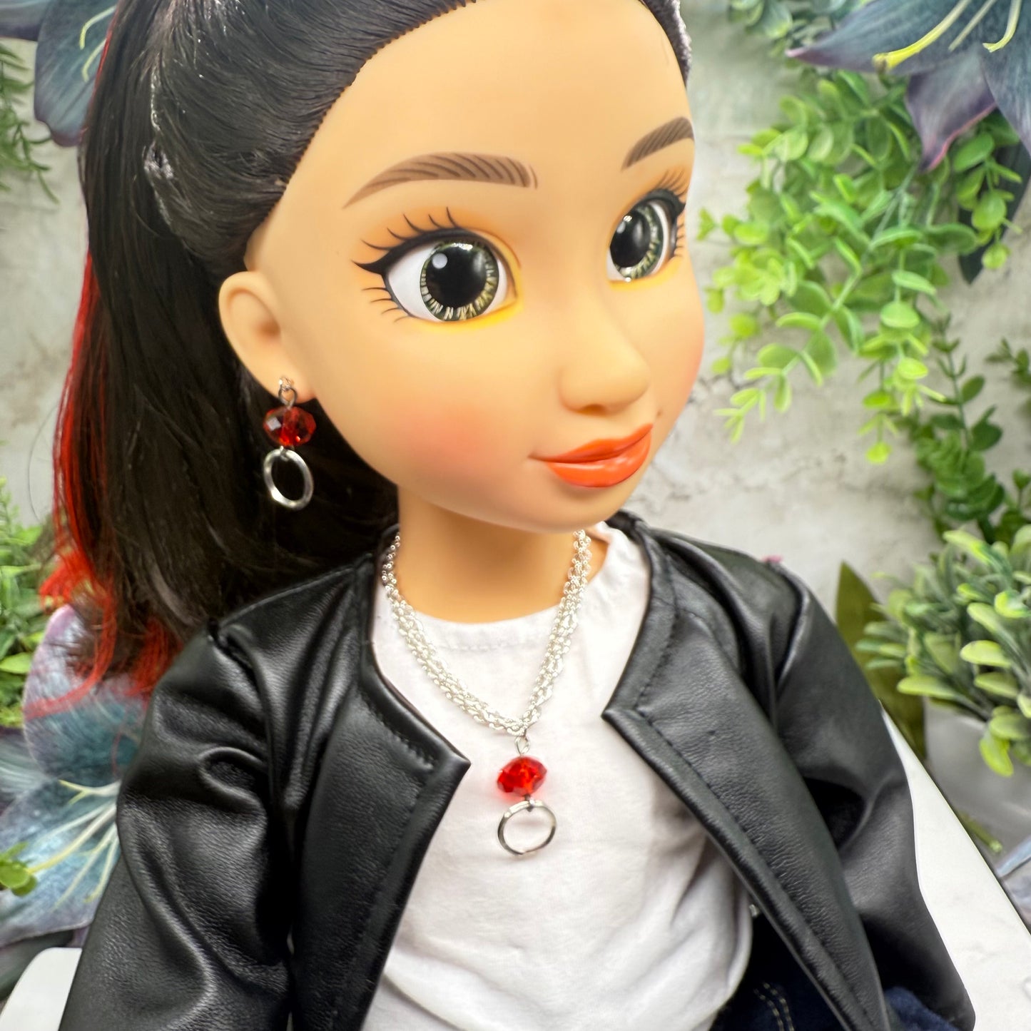 Red Acrylic Crystal Silver Circle Dangle Doll Necklace & Earrings • 18 Inch Fashion Doll Jewelry