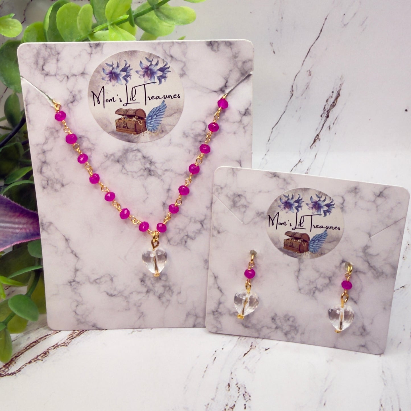 Fuchsia Pink Glass Crystal Bead Chain Clear Heart Charm Doll Necklace & Earrings • 18 Inch Fashion Doll Jewelry