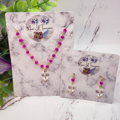 Fuchsia Pink Glass Crystal Bead Chain Clear Heart Charm Doll Necklace & Earrings • 18 Inch Fashion Doll Jewelry