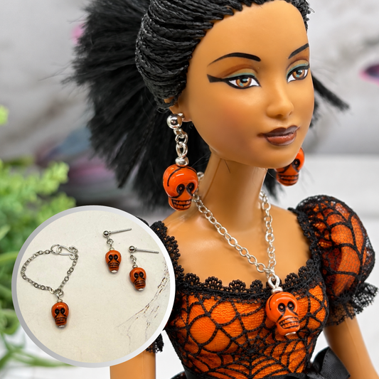 Orange Skull Halloween Necklace and Earrings |for 10-12 Inch Fashion Doll • 1:6 Scale