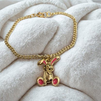 Bright Pink Accent Floppy Ear Bunny Charm Gold Doll Necklace • 18 Inch Fashion Doll Jewelry
