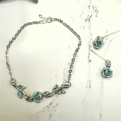 Light Blue Rose Enamel Rhinestone Silver Doll Necklace & Earrings Set • 18 Inch Fashion Doll Jewelry