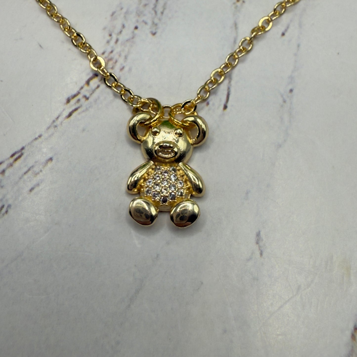 Gold Teddy Bear Rhinestone Accented Pendant Doll Necklace • 18 Inch Fashion Doll Jewelry