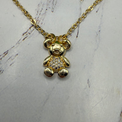 Gold Teddy Bear Rhinestone Accented Pendant Doll Necklace • 18 Inch Fashion Doll Jewelry