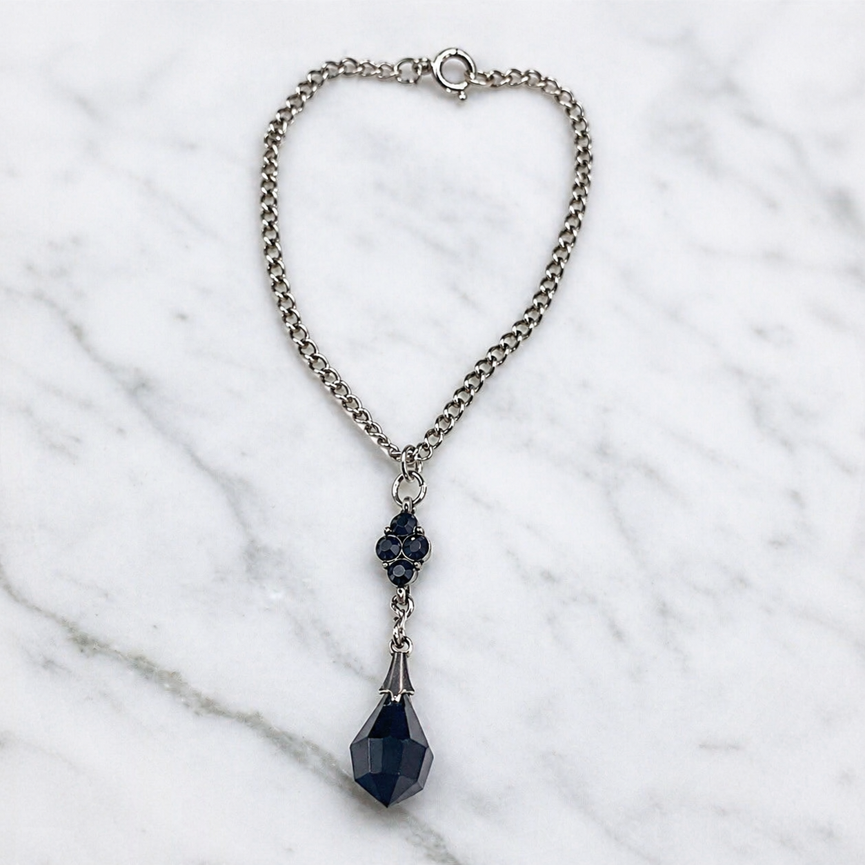 Black Teardrop Crystal & Rhinestone Dangle Necklace • 18” Fashion Doll Jewelry