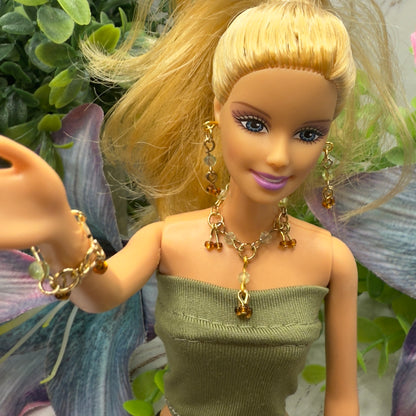 Green Brown Glass Dangle Doll Necklace Earrings Bracelet Set • 10-12” 1:6 Fashion Doll Jewelry