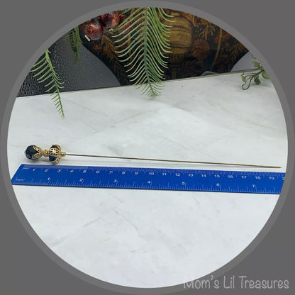 Black Crystal - Gold Tone Findings - 8” Pin • Hatpin - Stick Pin