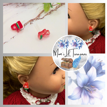 Red Christmas Mitten Silicone / Plastic Post Doll Earrings • 18 Inch Fashion Doll Jewelry
