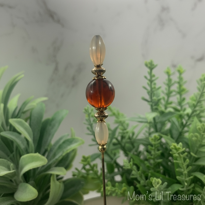 Milky Glass & Brown Translucent Bead - Gold Tone 6” Pin • Hatpin - Stick Pin