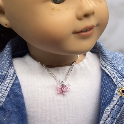 Pink White Glittery Acrylic Floral Butterfly Charm Silver Chain Doll Necklace • 18 Inch Fashion Doll Jewelry