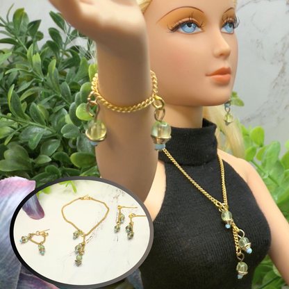 Green Blue Dangle Tassel Style Doll Necklace & Earrings Set • 16 Inch Fashion Doll Jewelry •