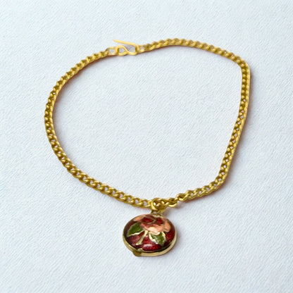 Burgundy Rose Design Round Cloisonné Pendant Doll Necklace • 18 Inch Fashion Doll Jewelry