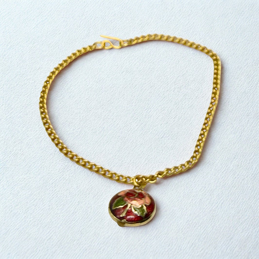 Burgundy Rose Design Round Cloisonné Pendant Doll Necklace • 18 Inch Fashion Doll Jewelry