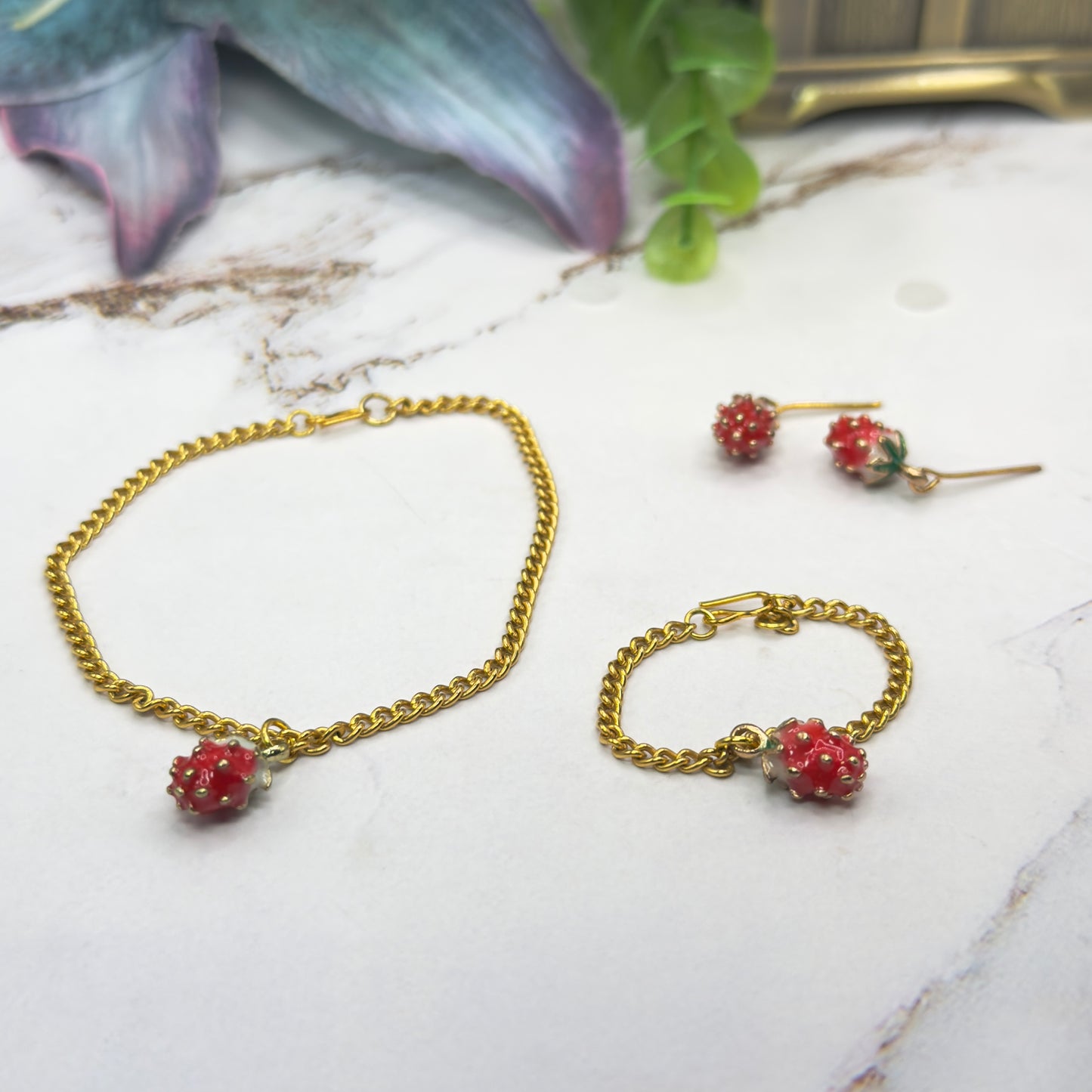 Strawberry Enamel Design Charm Doll Necklace - Bracelet & Earrings Set • 18 Inch Fashion Doll Jewelry