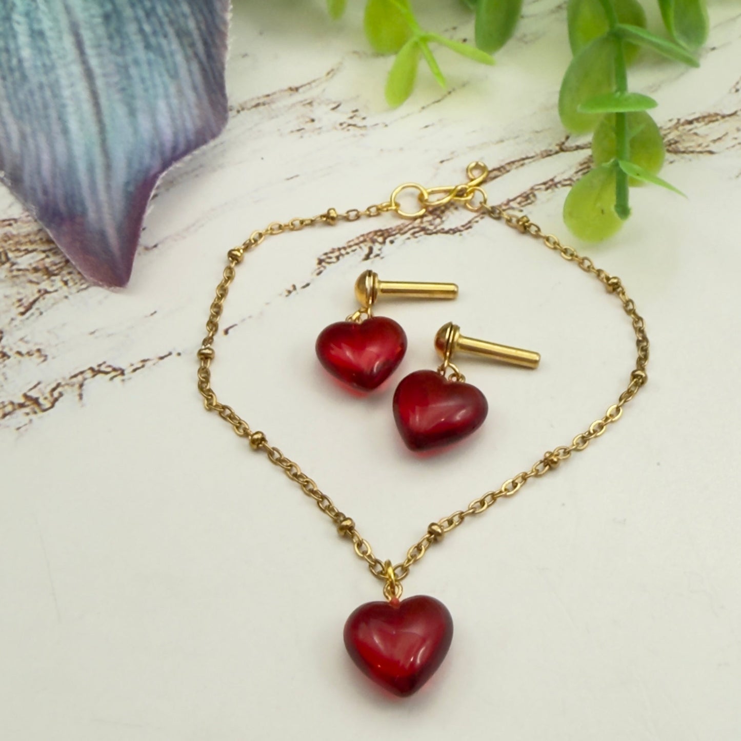 Red Burgundy Heart Pendant Gold Chain Doll Necklace & Earrings • 2mm Post for 18 Inch Fashion Doll
