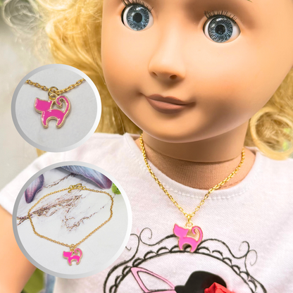 Pink Enamel Cat Charm Gold Doll Necklace • 18 Inch Fashion Doll Jewelry