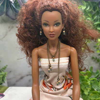 Blue Green Beige Beaded Dangle Doll Necklace Earring Set • 16 Inch Doll Jewelry