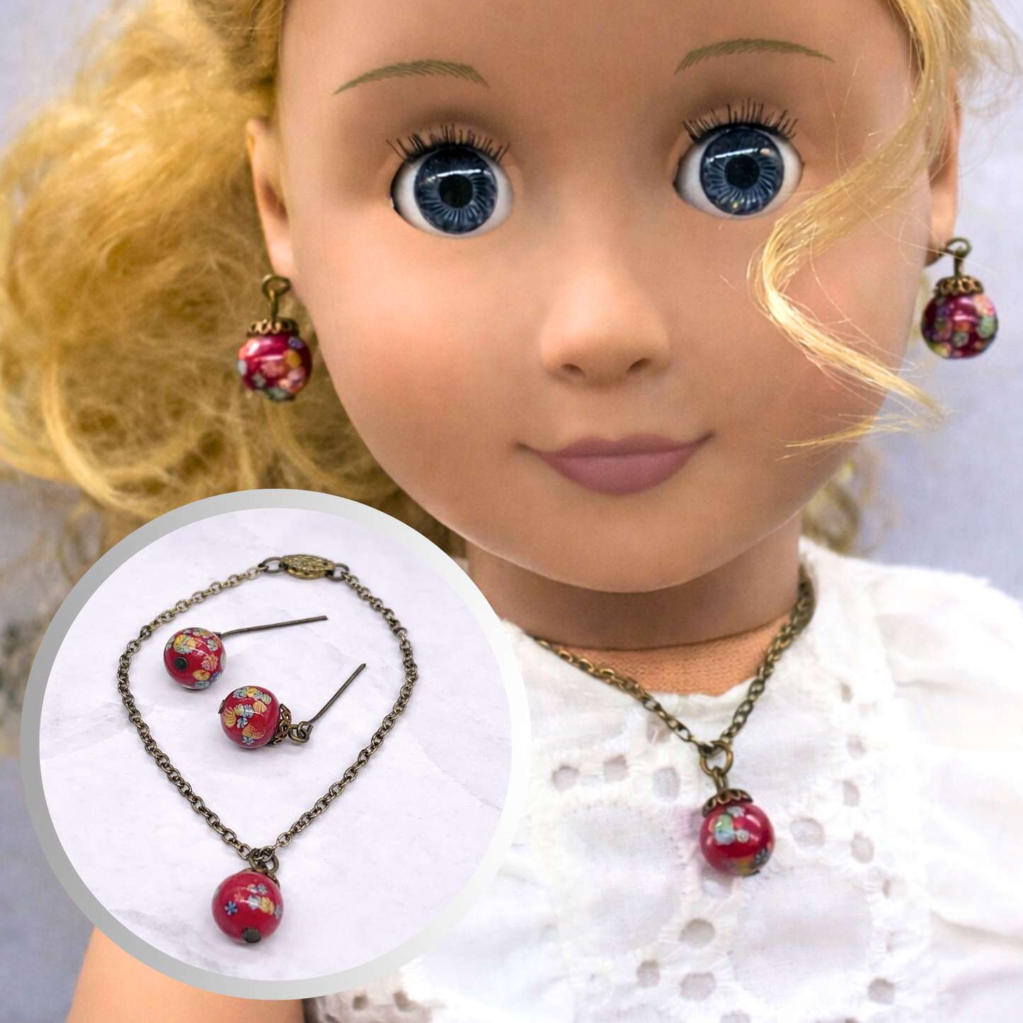 Red Glass Drop Floral Design Pendant Doll Necklace Earring Set 18” Doll Jewelry