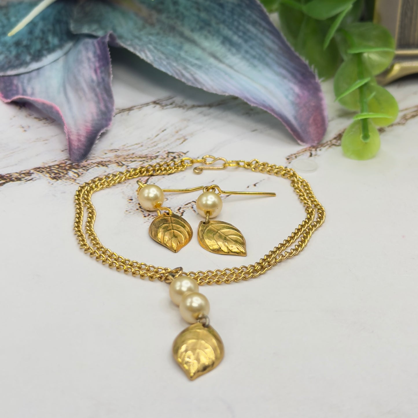 Gold Leaf & Pearl Dangle Doll Necklace & Earrings Set • 18 Inch Fashion Doll Jewelry
