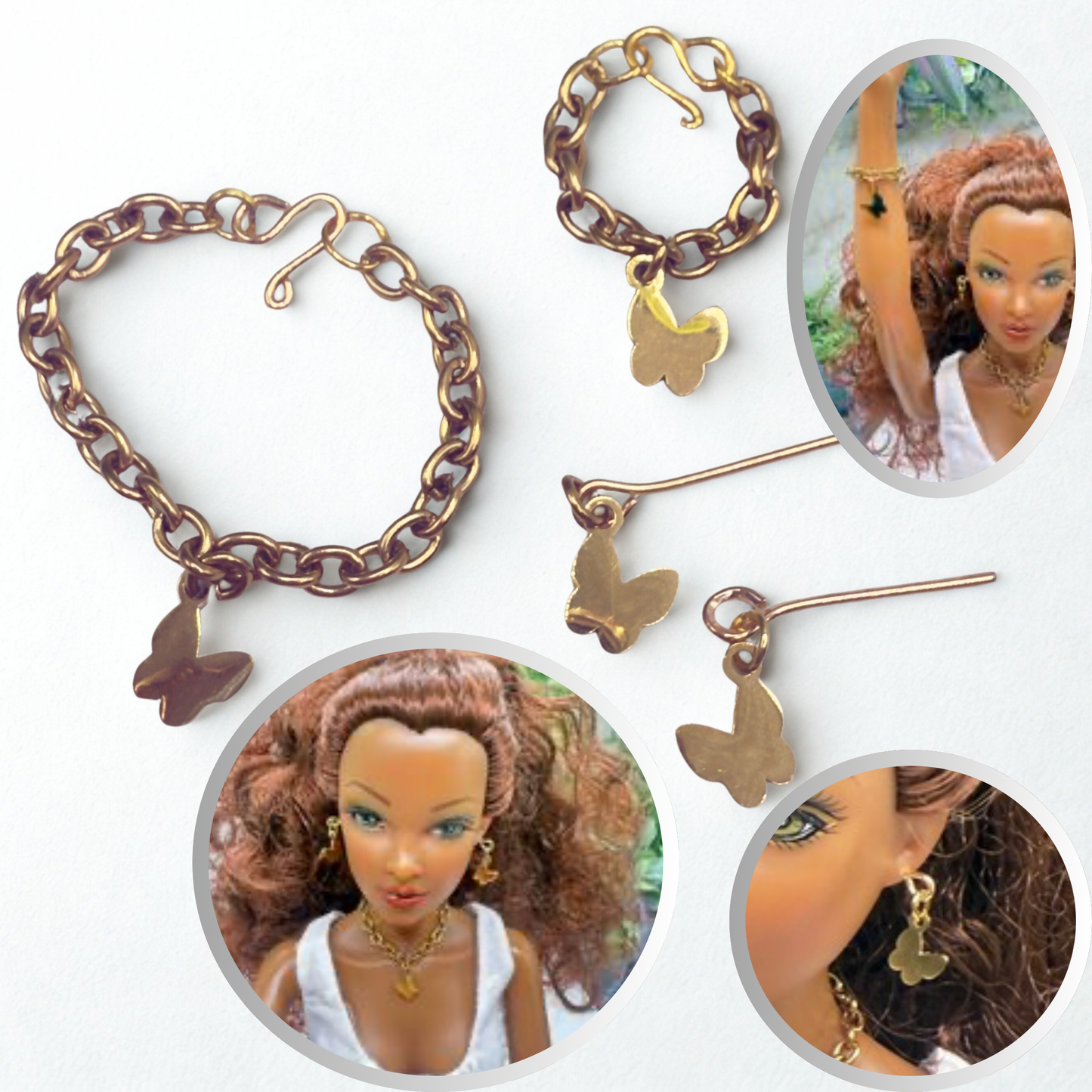 Butterfly Charm Gold Necklace Earrings Bracelet Set • 16 Inch Fashion Doll Jewelry