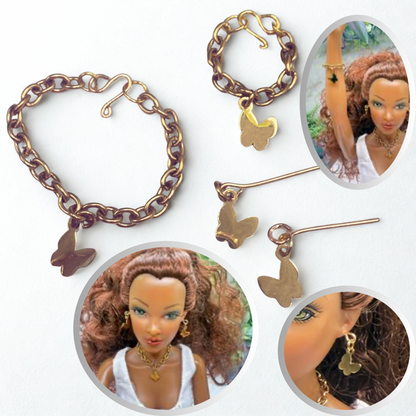 Butterfly Charm Gold Necklace Earrings Bracelet Set • 16 Inch Fashion Doll Jewelry