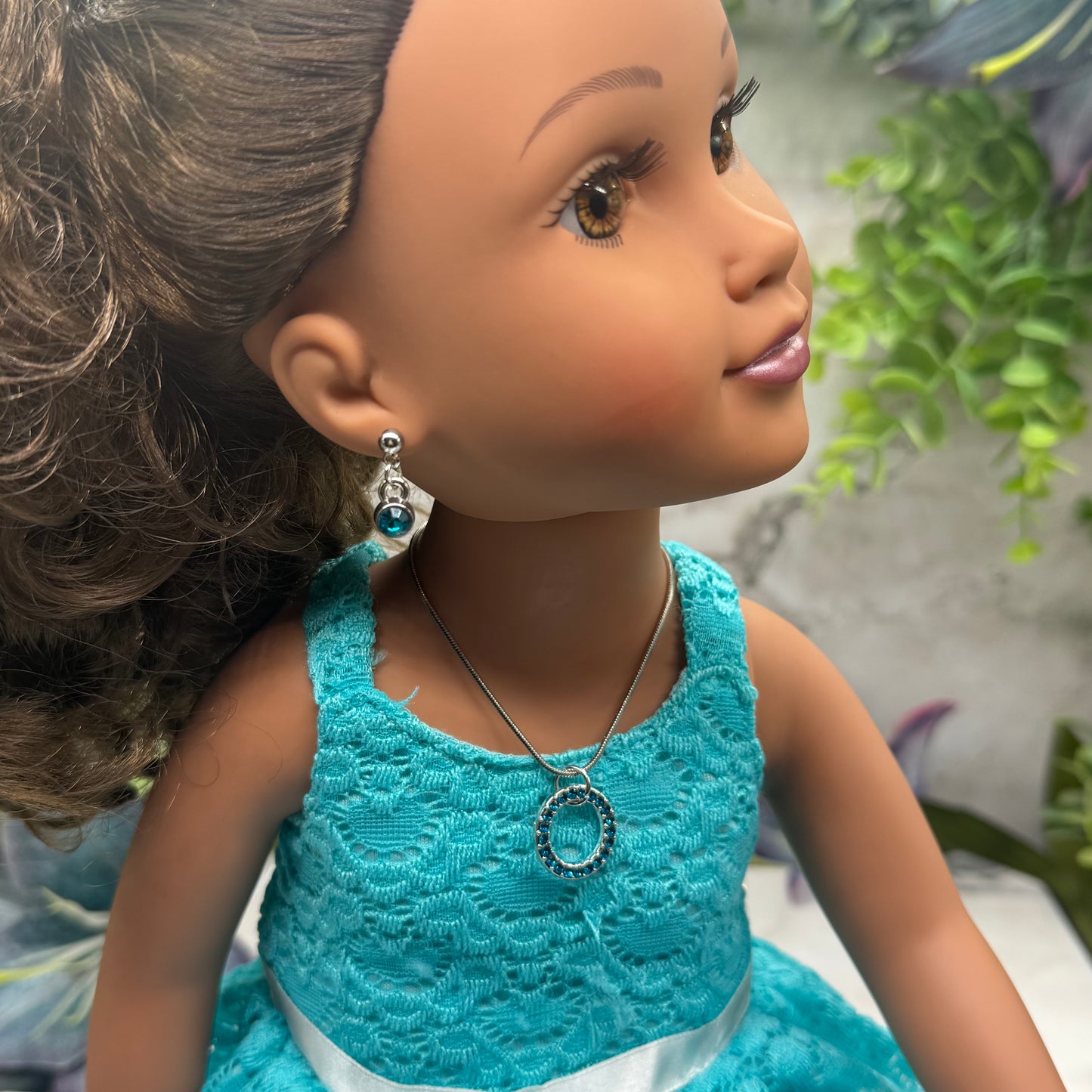 Turquoise Rhinestone Round Pendant Doll Necklace & Earrings Set • 18 Inch Fashion Doll Jewelry