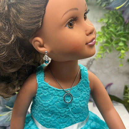 Turquoise Rhinestone Round Pendant Doll Necklace & Earrings Set • 18 Inch Fashion Doll Jewelry