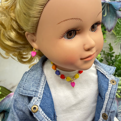 Rainbow Multi Color Heart Beaded Doll Necklace & Earrings Set • 18 Inch Fashion Doll Jewelry