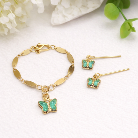 Teal Crystal Butterfly Charm Gold Oval Link Doll Necklace & Earrings • 14 Inch Fashion Doll Jewelry