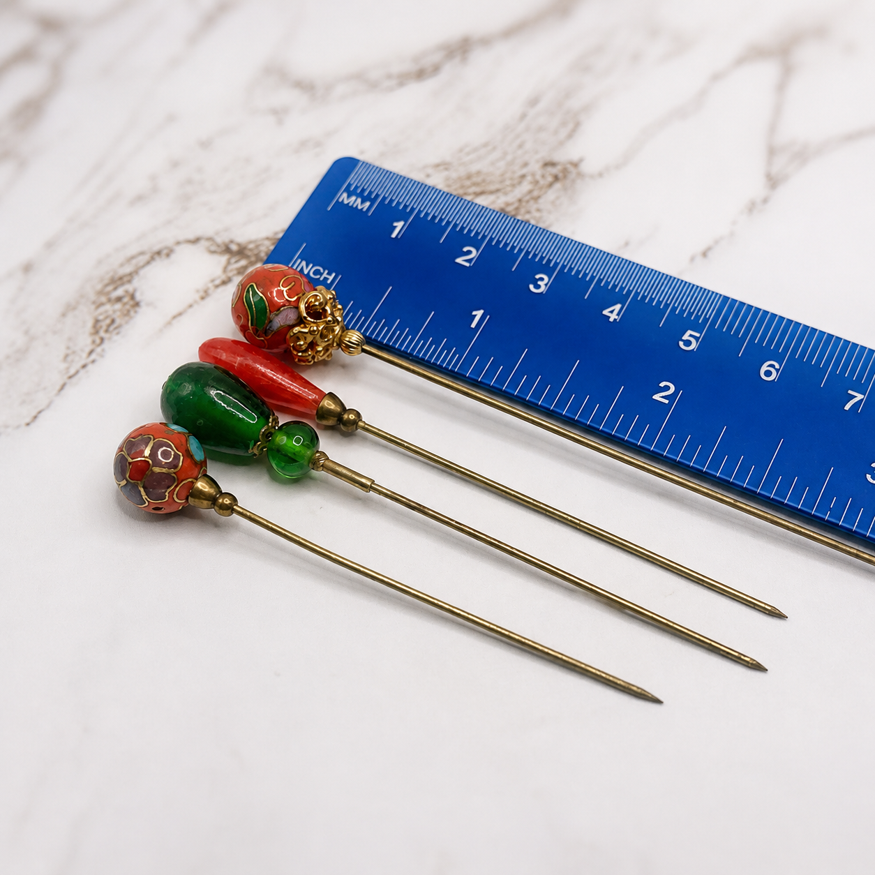 Green Orange Glass Flower Cloisonné Set of 4 • Stick Pins, Hatpins Gifts for Her