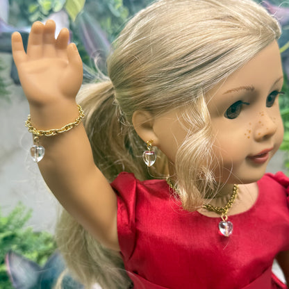 Clear Heart Charm Gold Chain Doll Necklace Bracelet & Earrings • 18 Inch Fashion Doll Jewelry