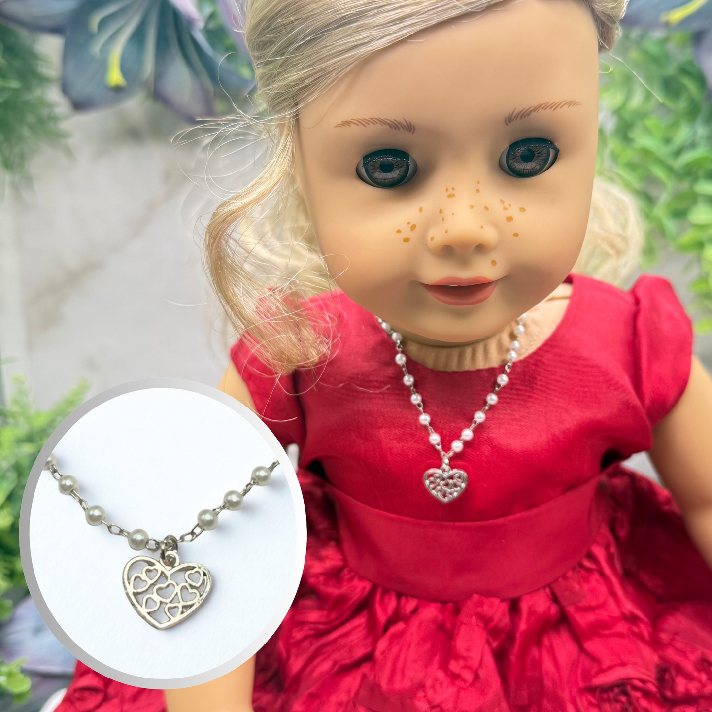 Silver Filigree Heart Charm Pearl Beaded Doll Necklace • 18 Inch Fashion Doll Jewelry