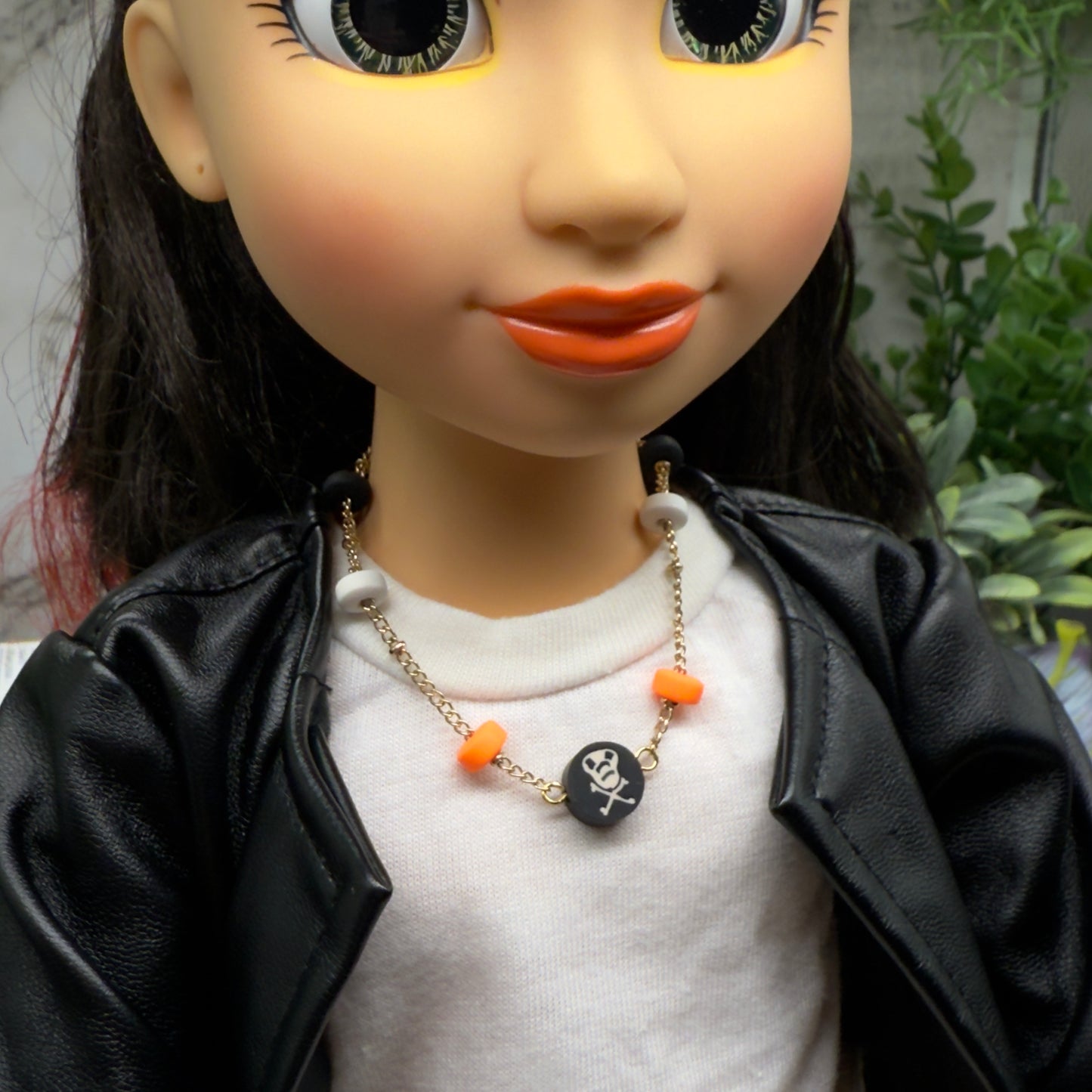 Skull Bones Halloween Silicone Beaded Gold Chain Doll Necklace • 18 Inch Fashion Doll Jewelry