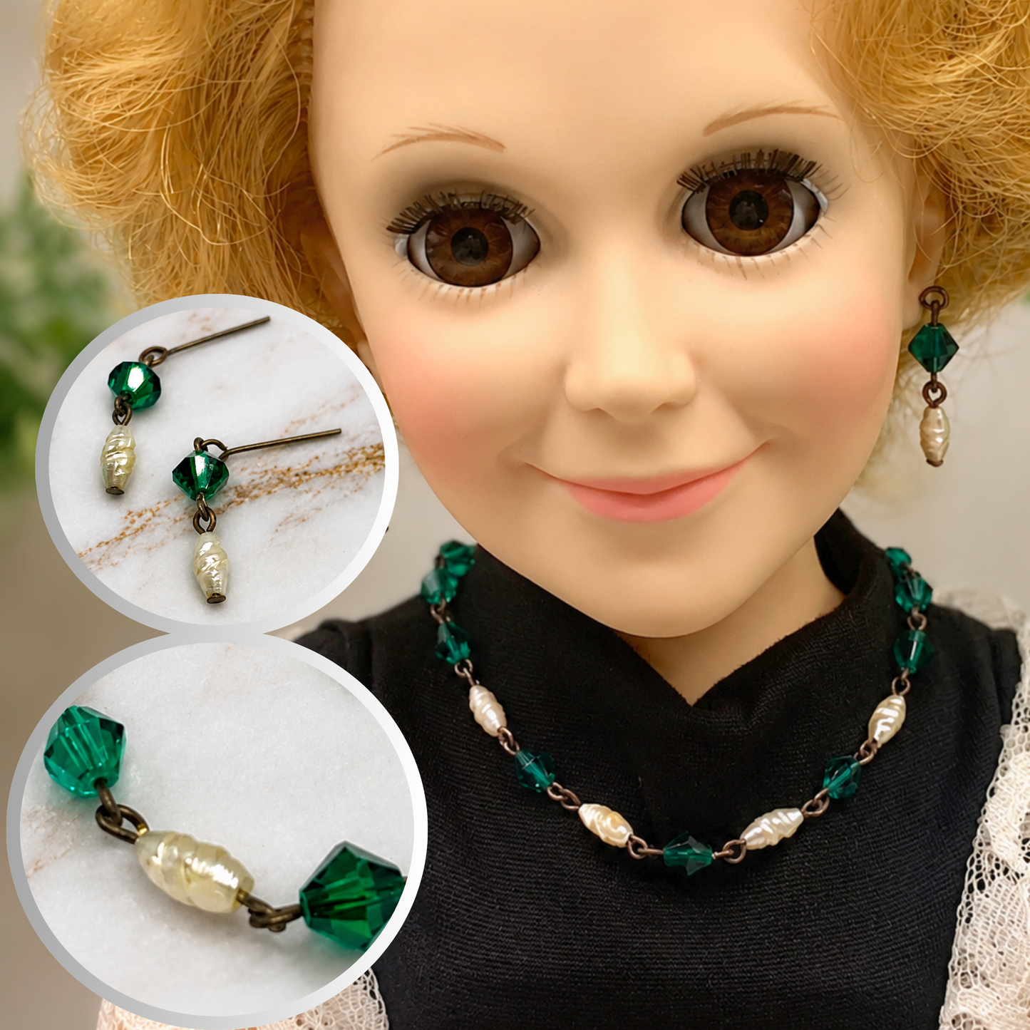 Green Glass Crystal Pearl Necklace Earring Set • 18-22 Inch Doll Jewelry