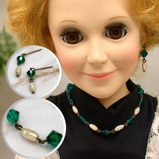 Green Glass Crystal Pearl Necklace Earring Set • 18-22 Inch Doll Jewelry