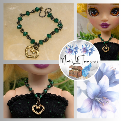 Green Crystal Bead Gold Heart Pendant Doll Necklace • 10-12” Fashion Doll Jewelry