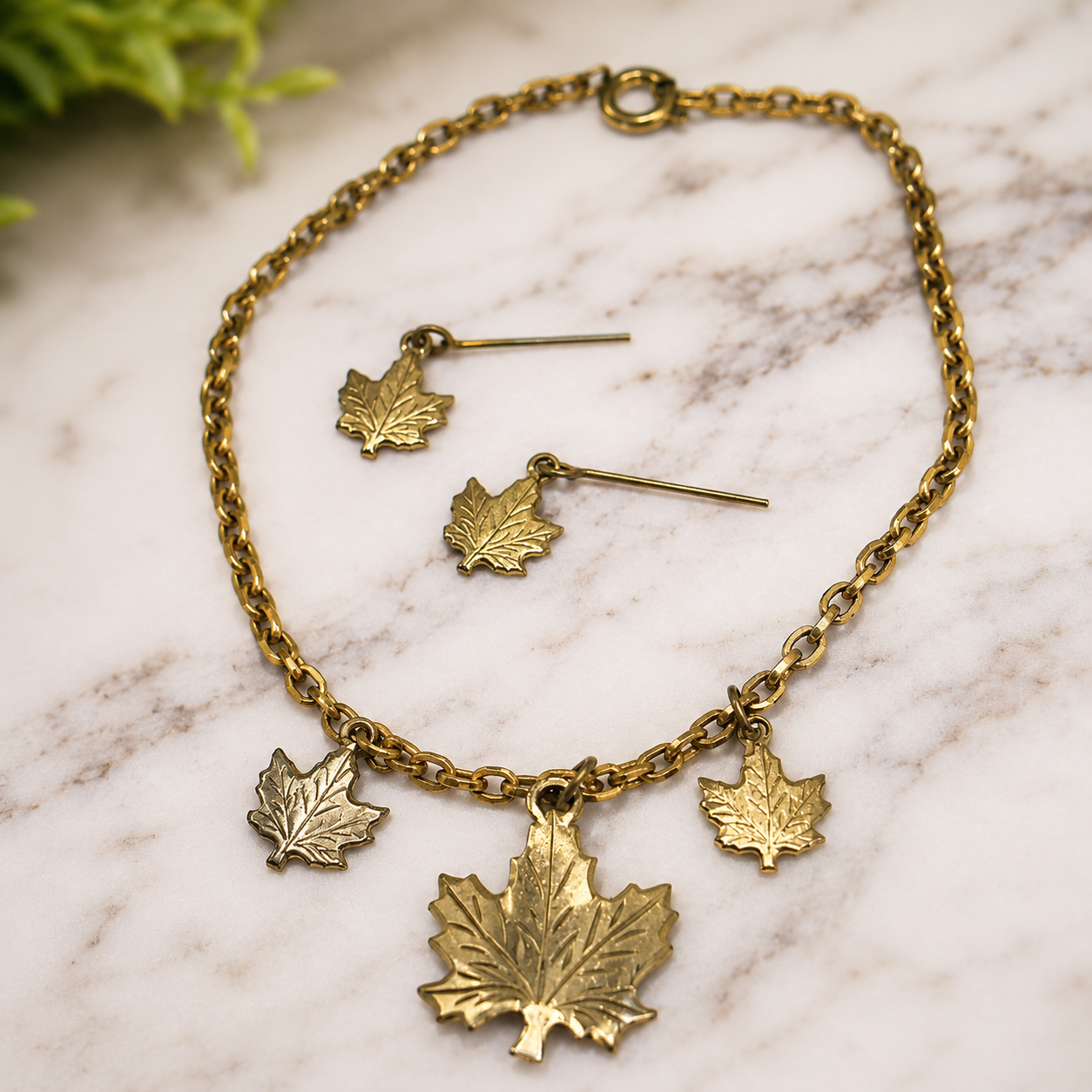 Gold Leaf Charm Dangle Doll Necklace Earrings Set • 18 Inch Fashion Doll Jewelry