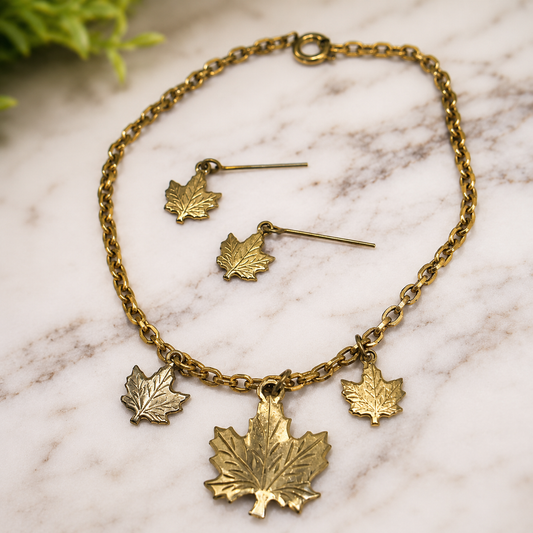 Gold Leaf Charm Dangle Doll Necklace Earrings Set • 18 Inch Fashion Doll Jewelry