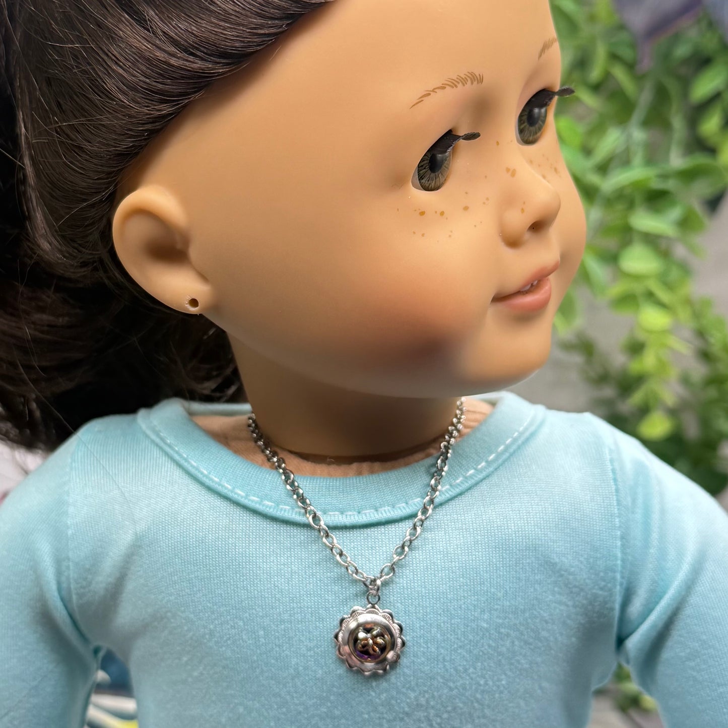 Iridescent Purple Blue Round Flower Design Charm Silver Doll Necklace • 18 Inch Fashion Doll Jewelry