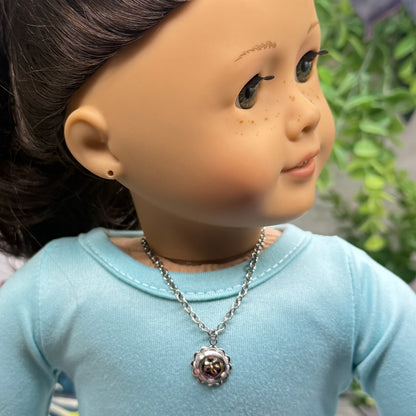 Iridescent Purple Blue Round Flower Design Charm Silver Doll Necklace • 18 Inch Fashion Doll Jewelry